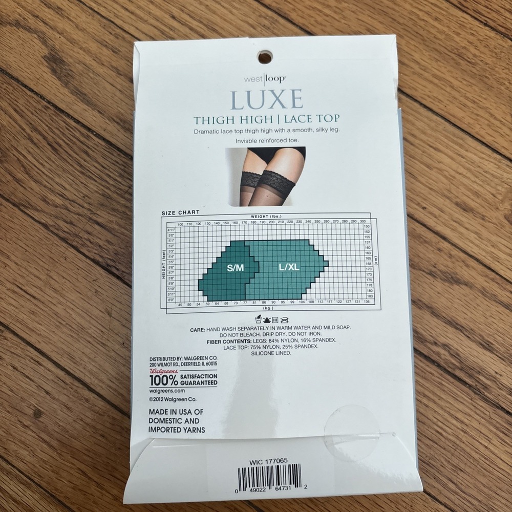 West Loop Luxe, Jet Black Thigh High Lace Top Smooth Leg Reinforced Toe Sz: L/XL - Picture 2 of 2
